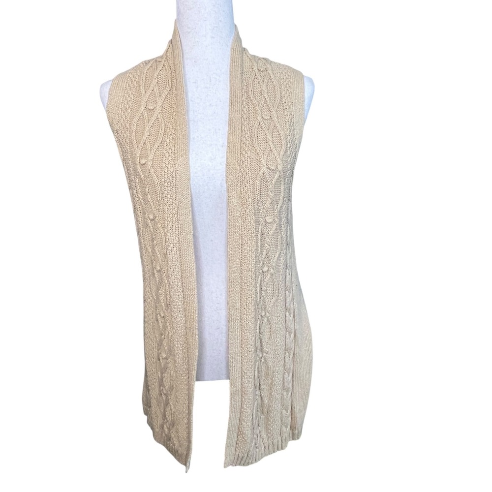 EST 1946 Women Beige Cable Knit Sleeveless Vest Cardigan Sweater Size S Longline